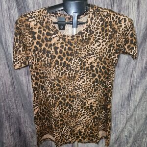 Hue Perfect Vintage Wash‎ Tee XS Leopard Print Short Sleeve T Shirt Top